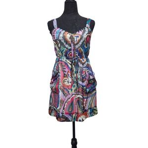 Joy Joy Women Dress Small Abstract Multicolor Print Pockets Tie Waist Boho Flowy